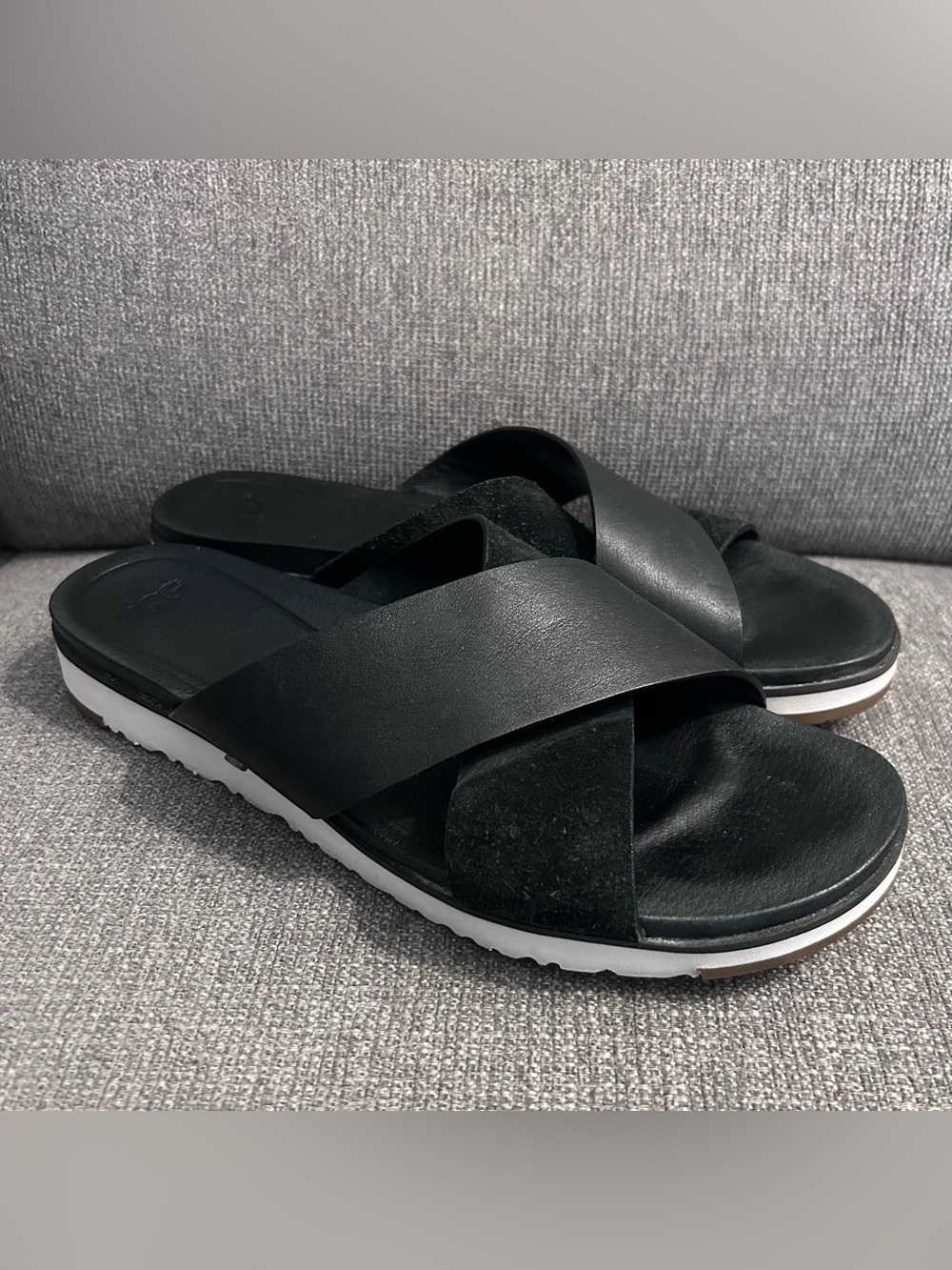 Ugg Kari Black Leather & Suede Crisscross Slide Sandals Women’s size 11